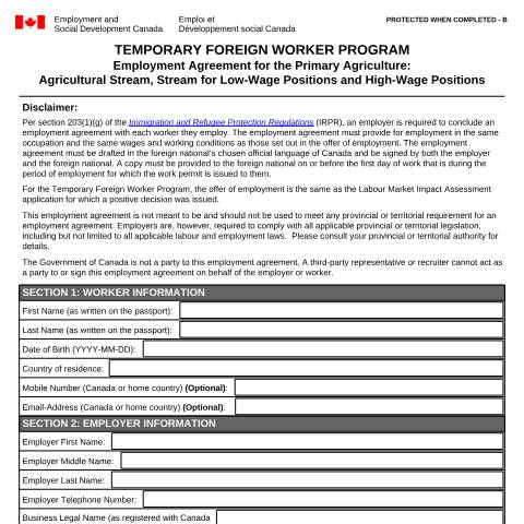 Document preview: Employment Agreement for the Primary Agriculture: Agricultural Stream, Stream for Low-Wage Positions and High-Wage Positions — Foreign Worker Program, Canada (CERFA n°EMP5710)