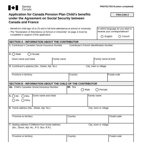 Document preview: France/Canada Agreement - Application for CPP Child's Benefits — Income Security Programs, Canada (CERFA n°ISP5055-FRA)