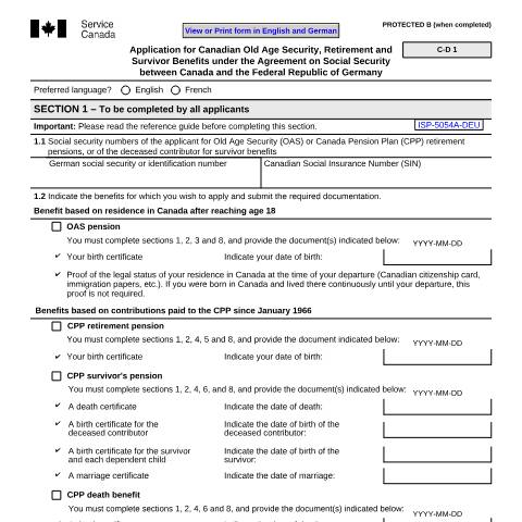 Document preview: Germany/Canada Agreement - Application for Canadian Old Age, Retirement and Survivors Benefits — Income Security Programs, Canada (CERFA n°ISP5054-DEU)