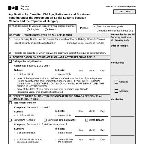 Document preview: Hungary/Canada Agreement - Application for Canadian Old Age, Retirement and Survivors Benefits — Income Security Programs, Canada (CERFA n°ISP5054-HUN)