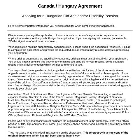 Document preview: Hungary/Canada Agreement - Application for a Hungarian Old Age and/or Disability Pension — Income Security Programs, Canada (CERFA n°CA_HU_1_1)