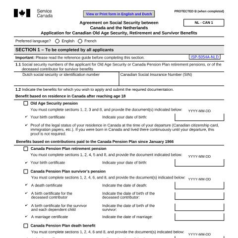 Document preview: Netherlands/Canada Agreement - Application for Canadian Old Age Security, Retirement and Survivor Benefits — Income Security Programs, Canada (CERFA n°ISP5054-NLD)