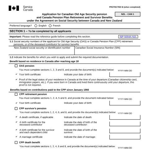 Document preview: New Zealand/Canada Agreement - Application for Canadian Old Age, Retirement and Survivors Benefits — Income Security Programs, Canada (CERFA n°ISP5054-NZL)