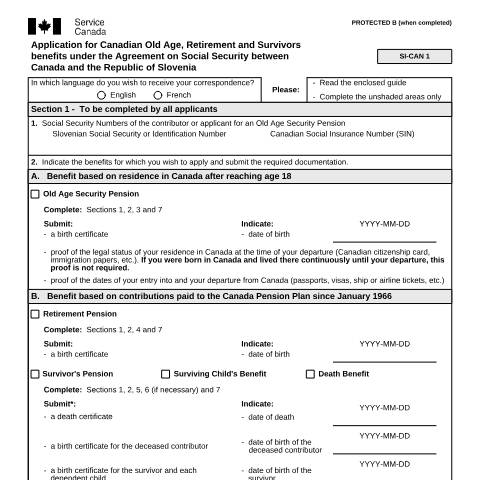 Document preview: Slovenia/Canada Agreement - Application for Canadian Old Age, Retirement and Survivors Benefits — Income Security Programs, Canada (CERFA n°ISP5054-SVN)