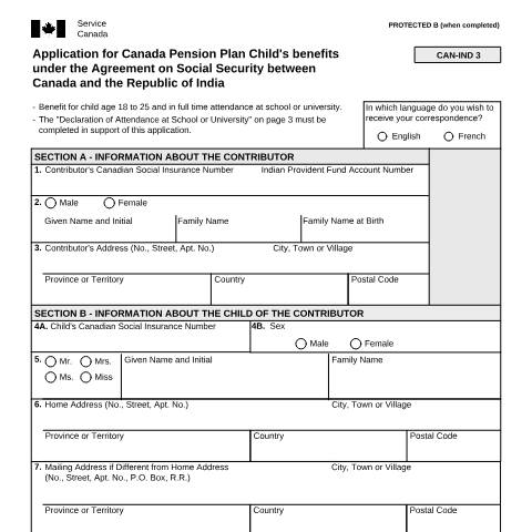 Document preview: India/Canada Agreement - Application for CPP Child's Benefits — Income Security Programs, Canada (CERFA n°ISP5055-IND)