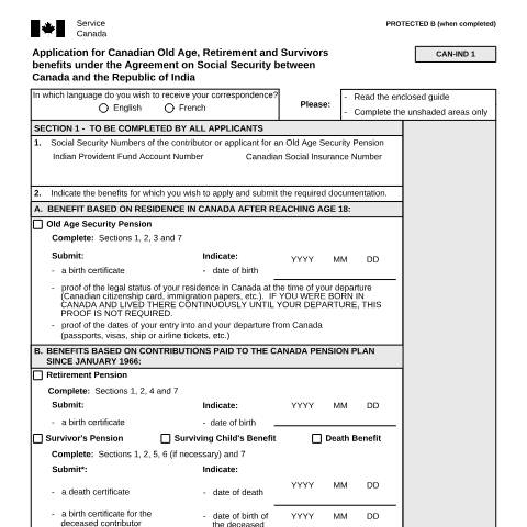 Document preview: India/Canada Agreement - Application for Canadian Old Age, Retirement and Survivors Benefits — Income Security Programs, Canada (CERFA n°ISP5054-IND)