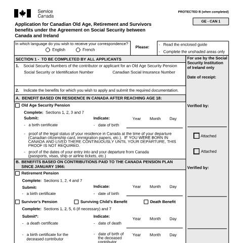 Document preview: Ireland/Canada Agreement - Application for Canadian Old Age, Retirement and Survivors Benefits — Income Security Programs, Canada (CERFA n°ISP5054-IRL)