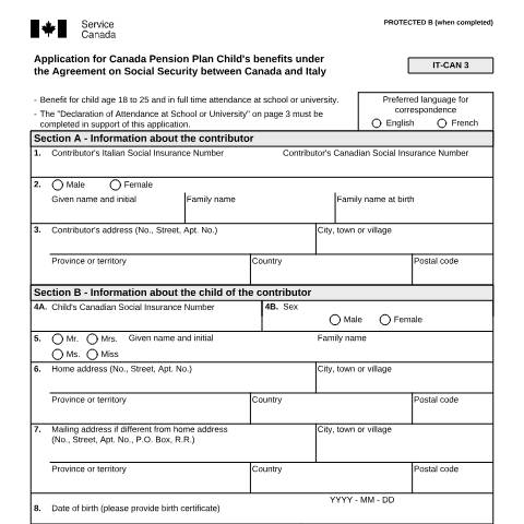Document preview: Italy/Canada Agreement - Application for CPP Child's Benefits — Income Security Programs, Canada (CERFA n°ISP5055-ITA)