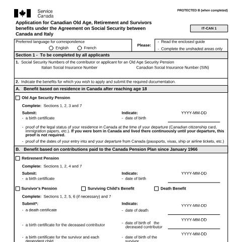 Document preview: Italy/Canada Agreement - Application for Canadian Old Age, Retirement and Survivors Benefits — Income Security Programs, Canada (CERFA n°ISP5054-ITA)