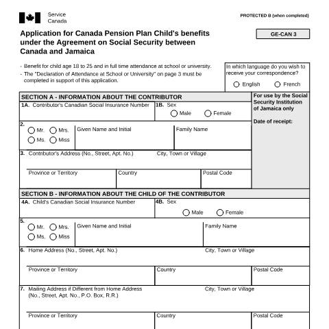 Document preview: Jamaica/Canada Agreement - Application for CPP Child's Benefits — Income Security Programs, Canada (CERFA n°ISP5055-JAM)