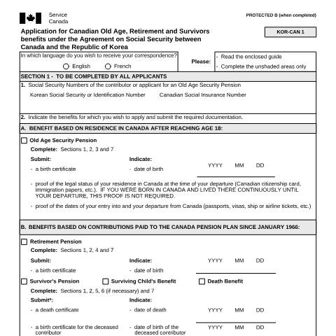 Document preview: Korea/Canada Agreement - Application for Canadian Old Age, Retirement and Survivors Benefits — Income Security Programs, Canada (CERFA n°ISP5054-KOR)