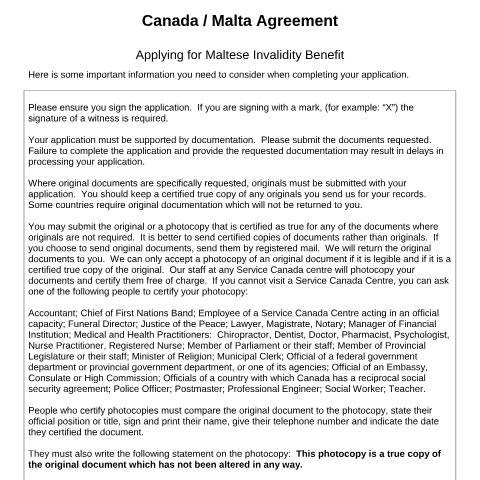 Document preview: Malta/Canada Agreement - Application for Maltese Invalidity pension — Income Security Programs, Canada (CERFA n°App_IP_can_v2.3)