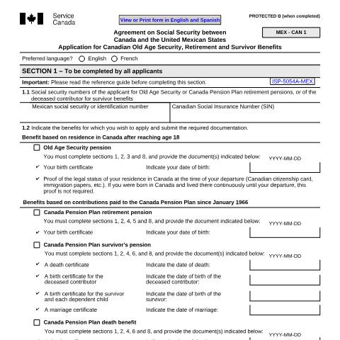 Document preview: Mexico/Canada Agreement - Application for Canadian Old Age, Retirement and Survivors Benefits — Income Security Programs, Canada (CERFA n°ISP5054-MEX)