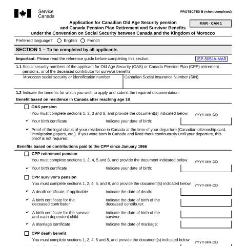 Document preview: Morocco/Canada Convention - Application for Canadian Old Age, Retirement and Survivors Benefits — Income Security Programs, Canada (CERFA n°ISP5054-MAR)