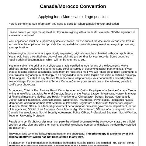 Document preview: Morocco/Canada Convention – Application for a Moroccan old age pension — Income Security Programs, Canada (CERFA n°CAN-MAR_1)