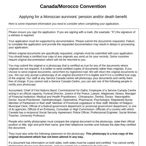 Document preview: Morocco/Canada Convention – Application for a Moroccan survivors’ pension and/or death benefit — Income Security Programs, Canada (CERFA n°CAN-MAR_1_(S))