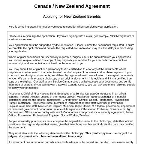 Document preview: New Zealand/Canada Agreement - Application for New Zealand Benefits — Income Security Programs, Canada (CERFA n°CAN-NZ_1)