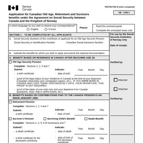 Document preview: Norway/Canada Agreement - Application for Canadian Old Age, Retirement and Survivors Benefits — Income Security Programs, Canada (CERFA n°ISP5054-NOR)