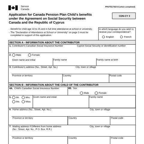 Document preview: Cyprus/Canada Agreement - Application for Canada Pension Plan Child's benefits — Income Security Programs, Canada (CERFA n°ISP5055-CYP)