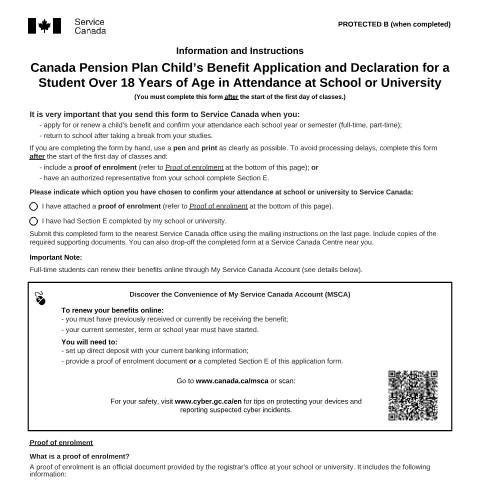 Document preview: Canada Pension Plan Child’s Benefit Application and Declaration for a Student Over 18 years of Age in Attendance at School or University — Income Security Programs, Canada (CERFA n°ISP1402)