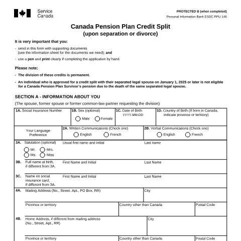 Document preview: Application for Canada Pension Plan Credit Split (upon separation or divorce) — Income Security Programs, Canada (CERFA n°ISP1901)