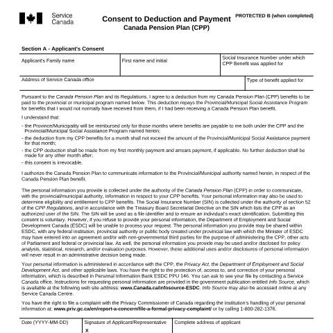 Document preview: Consent to Deduction and Payment - Canada Pension Plan — Income Security Programs, Canada (CERFA n°ISP1613)