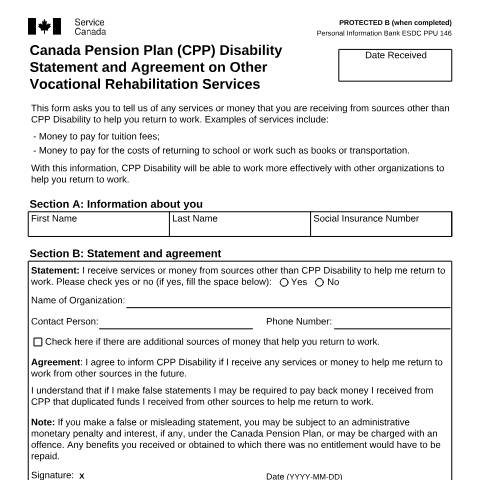 Document preview: Canada Pension Plan Disability Statement and Agreement on Other Vocational Rehabilitation Services — Income Security Programs, Canada (CERFA n°ISP2553)