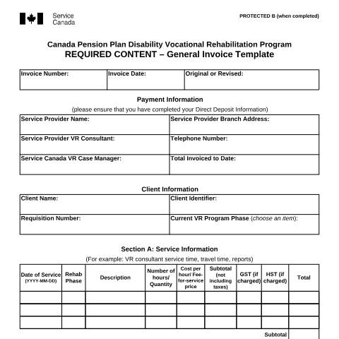 Document preview: General Invoice – Canada Pension Plan Disability Vocational Rehabilitation Program — Income Security Programs, Canada (CERFA n°ISP2560)