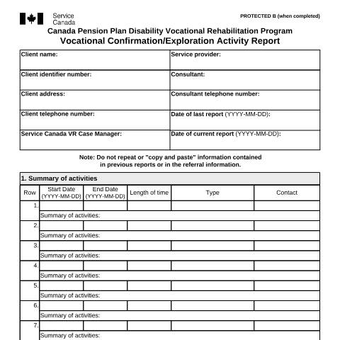 Document preview: Vocational Confirmation/Activity Report - Canada Pension Plan Disability Vocational Rehabilitation Program — Income Security Programs, Canada (CERFA n°ISP2985)