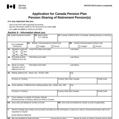 Document preview: Application for Canada Pension Plan Pension Sharing of Retirement Pension(s) — Income Security Programs, Canada (CERFA n°ISP1002)