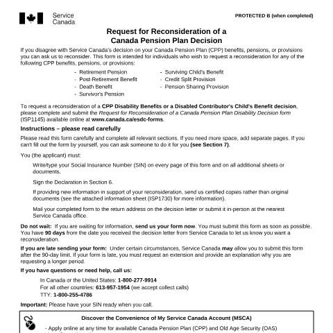 Document preview: Request for reconsideration of a Canada Pension Plan decision — Income Security Programs, Canada (CERFA n°ISP1238)