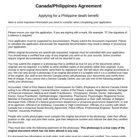 Document preview: Philippines/Canada Agreement – Application for a Philippine Death Benefit — Income Security Programs, Canada (CERFA n°CAN-PHI_1(S))