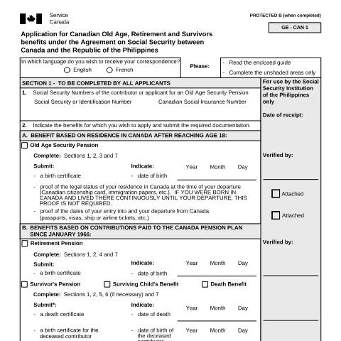 Document preview: Philippines/Canada Agreement - Application for Canadian Old Age, Retirement and Survivors Benefits — Income Security Programs, Canada (CERFA n°ISP5054-PHI)