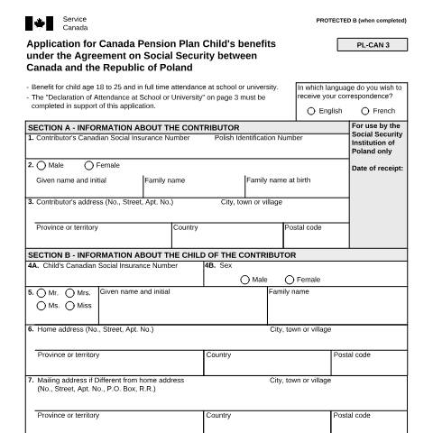 Document preview: Poland/Canada Agreement - Application for CPP child's Benefits — Income Security Programs, Canada (CERFA n°ISP5055-POL)