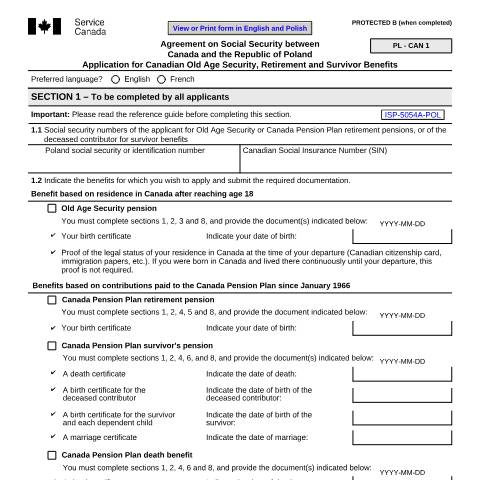 Document preview: Poland/Canada Agreement - Application for Canadian Old Age Security, Retirement and Survivor Benefits — Income Security Programs, Canada (CERFA n°ISP5054-POL)