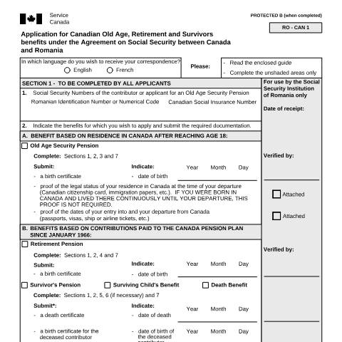Document preview: Romania/Canada Agreement - Application for Canadian Old Age, Retirement and Survivor's Benefits — Income Security Programs, Canada (CERFA n°ISP5054-ROU)