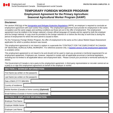 Document preview: Employment Agreement for the Primary Agriculture: Seasonal Agricultural Worker Program (SAWP) — Foreign Worker Program, Canada (CERFA n°EMP5709)