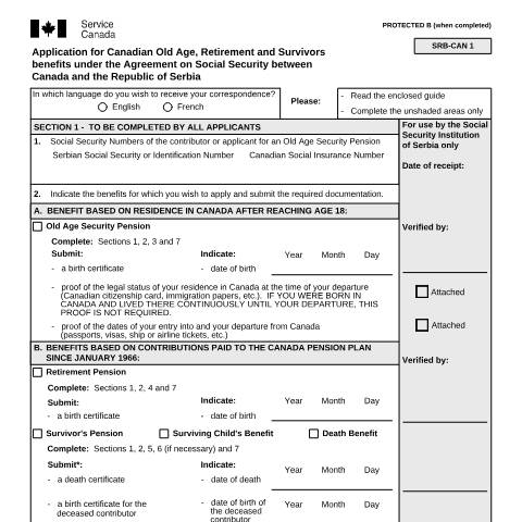 Document preview: Serbia/Canada Agreement - Application for Canadian Old Age, Retirement and Survivors Benefits — Income Security Programs, Canada (CERFA n°ISP5054-SRB)