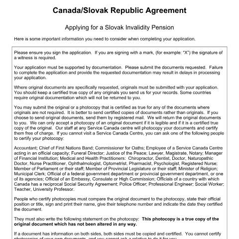 Document preview: Slovakia/Canada Agreement - Application for Slovakian Invalidity benefit — Income Security Programs, Canada (CERFA n°CAN-SK_1_(I))