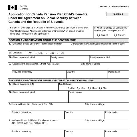 Document preview: Slovenia/Canada Agreement - Application for CPP Child's Benefits — Income Security Programs, Canada (CERFA n°ISP5055-SVN)