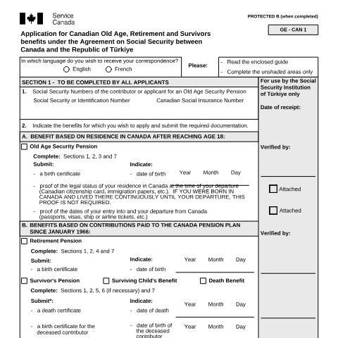 Document preview: Türkiye/Canada Agreement - Application for Canadian Old Age, Retirement and Survivors Benefits — Income Security Programs, Canada (CERFA n°ISP5054-TUR)