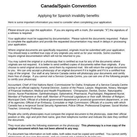 Document preview: Spain/Canada Convention - Application for a Spanish invalidity benefit — Income Security Programs, Canada (CERFA n°CAN-E1_(D))