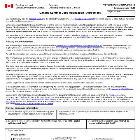 Document preview: Canada Summer Jobs Application / Agreement — Employment and Social Development Canada, Canada (CERFA n°EMP5396A)