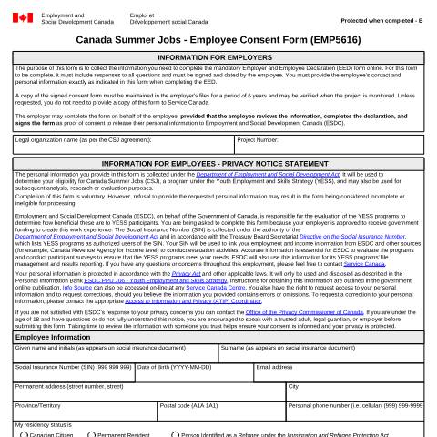 Document preview: Canada Summer Jobs - Employee Consent Form — Employment and Social Development Canada, Canada (CERFA n°EMP5616)