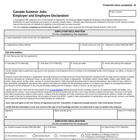 Document preview: Canada Summer Jobs - Employer and Employee Declaration — Employment and Social Development Canada, Canada (CERFA n°EMP5397)