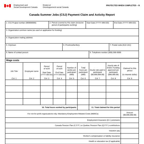 Document preview: Canada Summer Jobs (CSJ) - Payment Claim and Activity Report — Employment and Social Development Canada, Canada (CERFA n°EMP5398)