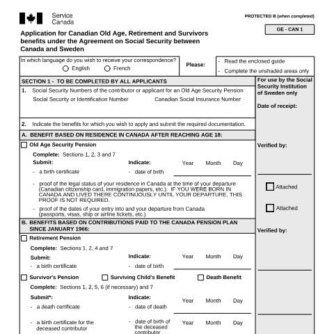 Document preview: Sweden/Canada Agreement - Application for Canadian Old Age, Retirement and Survivors Benefits — Income Security Programs, Canada (CERFA n°ISP5054-SWE)