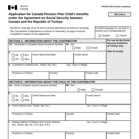 Document preview: Türkiye/Canada Agreement - Application for CPP Child's Benefits — Income Security Programs, Canada (CERFA n°ISP5055-TUR)