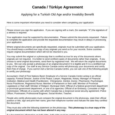 Document preview: Türkiye/Canada Agreement - Application for a Turkish old age and/or invalidity pension — Income Security Programs, Canada (CERFA n°TUR-CAN_1_(OA-I))