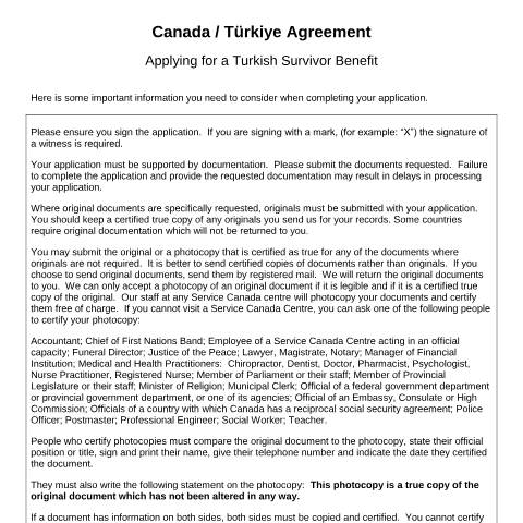 Document preview: Türkiye/Canada Agreement - Application for Turkish survivor benefits — Income Security Programs, Canada (CERFA n°TUR-CAN_1_(S))